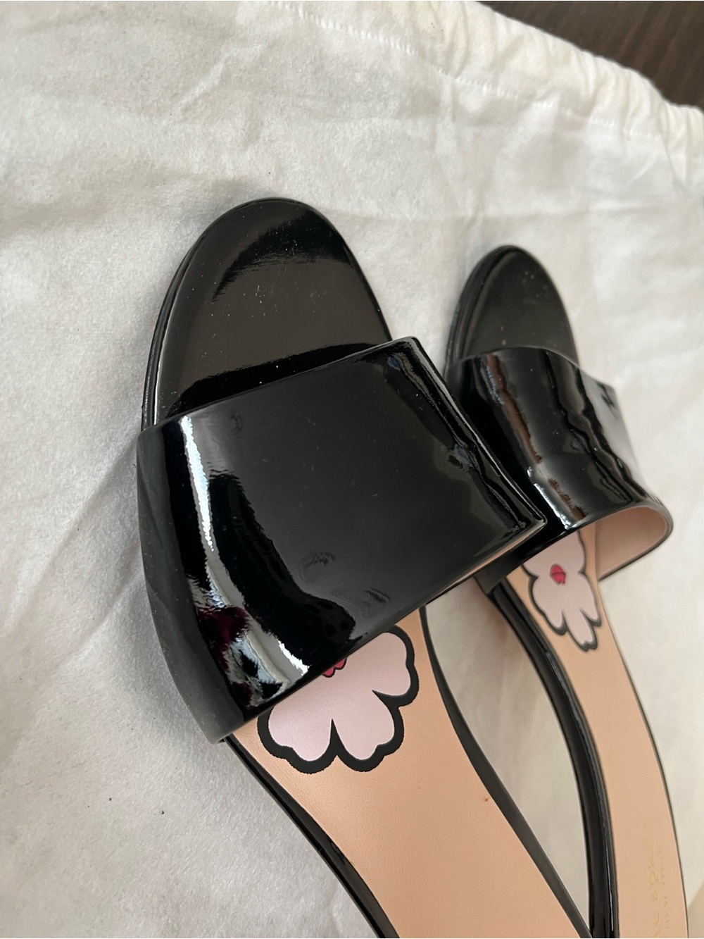 kate spade Black Patent Slide Mules with Pink Floral Insole - Picture 2 of 5